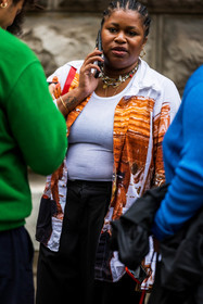 black pants, layering necklace, necklace, orange shirt, pants, print, printed shirt, shirt, white t-shirt, street style, jonathan paciullo, FW, frenchystyle, fashion week, PFW, PARIS, SPRING SUMMER 2022, SS 22, vertical, atmosphere details