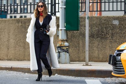 aimee song, atmosphere details, AUTUMN WINTER 2016-2017, AW 16-17, black belt, black boots, blazer, blue pants, blue suit, fashion week, frenchystyle, full length, fur coat, FW, FW 16-17, high heels, horizontal, jonathan paciullo, leather belt, louis vuitton, mini bag, monogram, navy jacket, navy suit, NEW YORK, NYFW, red bandana, red scarf, street style, striped pants, striped suit, suede shoes, sunglasses, tied up belt, white fur, woman