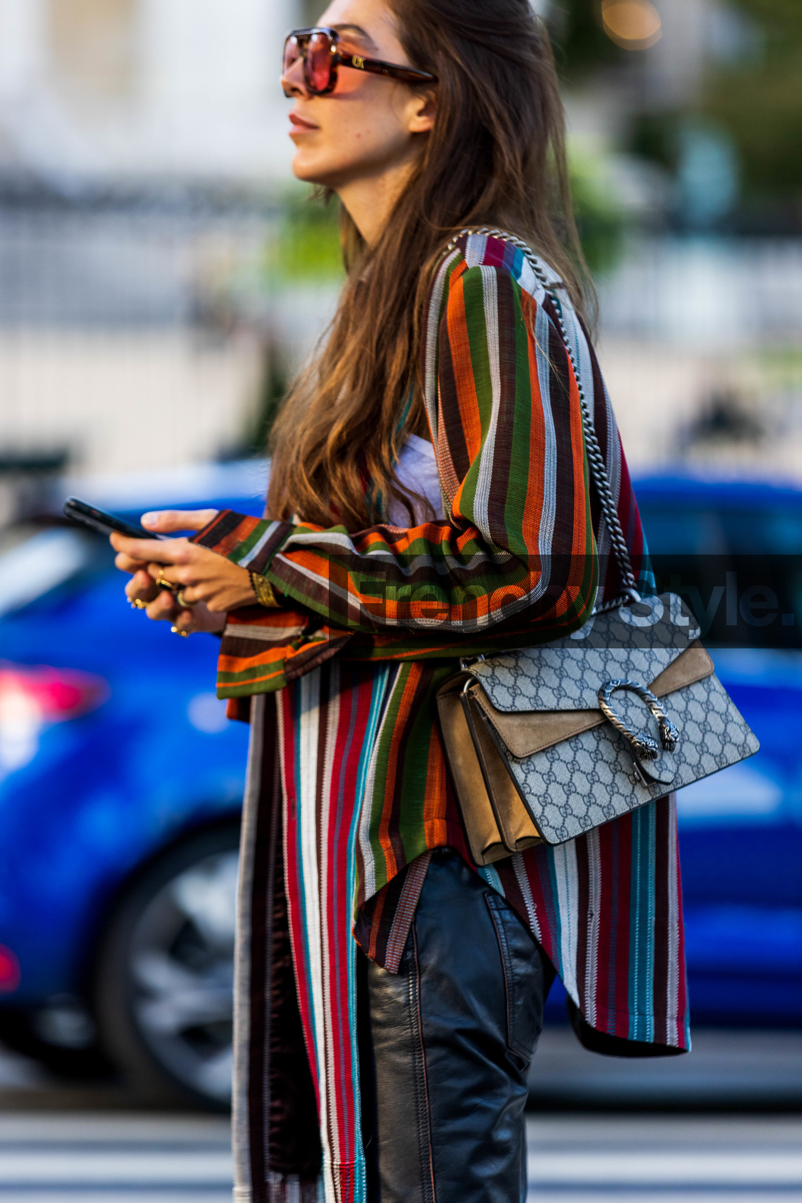 asymetrical shirt, beige bag, color, Estelle Chemouny, gucci bag, leather pants, multicolor, pants, print, printed bag, ring, shirt, striped shirt, stripes, sunglasses, tortoise sunglasses, fashion week, frenchystyle, FW, jonathan paciullo, street style, PFW, PARIS, SPRING SUMMER 2022, SS 22, vertical, atmosphere details
