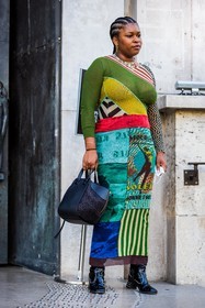 bag, black bag, black boots, boots, color, dots, dress, green dress, jean paul gaultier dress, leather bag, loewe bag, long dress, multicolor, necklace, patchwork, print, printed dress, stripes, studs boots, vinyl boots, fashion week, frenchystyle, FW, jonathan paciullo, street style, PFW, PARIS, SPRING SUMMER 2022, SS 22, vertical, full length