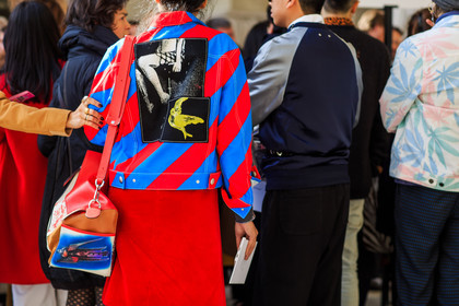 atmosphere details, AUTUMN WINTER 2016-2017, AW 16-17, back detail, denim jacket, detail, embroidered jacket, FALL WINTER 2016-2017, fashion week, frenchystyle, FW, FW 16-17, geometric, graphic jacket, horizontal, jonathan paciullo, leather bag, loewe, PARIS, PFW, printed bag, printed jacket, red jacket, red skirt, street style, striped jacket, stripes, susie lau, turquoise