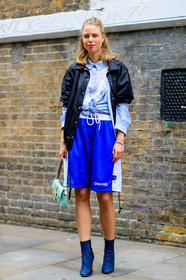black jacket, blue bag, blue denim, blue shirt, blue shorts, comme des garçons, denim boots, fashion week, frenchystyle, full length, FW, high heels, jonathan paciullo, lace, leather bag, LFW, LONDON, red lips, sportswear, SPRING SUMMER 2017, SS 17, street style, vertical, woman