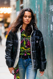 black coat, down jacket, moncler coat, neon green top, pink top, black top, printed top, blue jeans, fashion week, frenchystyle, FW, jonathan paciullo, street style, FALL WINTER 2020-2021, AUTUMN WINTER 2020-2021, FW 20-21, vertical, atmosphere details, detail, NYFW, NEW YORK