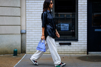 balenciaga, black shirt, blue bag, checked, gingham, graphic bag, grey sneakers, leather bag, leather shirt, leather shoes, plaid, printed bag, sunglasses, trousers, white pants, fashion week, frenchystyle, FW, jonathan paciullo, street style, NYFW, NEW YORK, SPRING SUMMER 2019, SS 19, atmosphere details, horizontal, detail