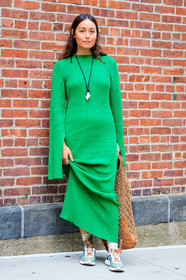 blue sneakers, brown bag, green dress, knit dress, leather bag, leather shoes, necklace, nike, fashion week, frenchystyle, FW, jonathan paciullo, street style, NYFW, NEW YORK, SPRING SUMMER 2019, SS 19, vertical, full length