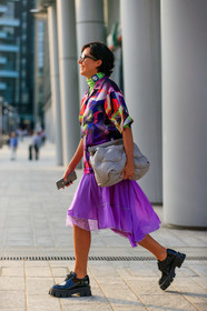 purple skirt, purple shirt, lilac skirt, lace shirt, short sleeves shirt, multicolor shirt, prada shoes, prada shirt, prada top, turtleneck top, neon green top, mid long skirt, margiela bag, quilted bag, light grey leather bag, black shoes, polish shoes, laced shoes, big sole shoes, fashion week, frenchystyle, FW, jonathan paciullo, street style, MFW, MILAN, SPRING SUMMER 2020, SS 20