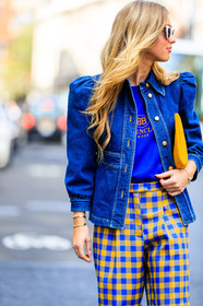 balenciaga, blue denim, blue t shirt, checked, denim jacket, emili sindlev, graphic pants, leather bag, plaid, printed pants, sunglasses, trousers, wide pant, yellow bag, yellow pants, fashion week, frenchystyle, FW, jonathan paciullo, street style, LFW, LONDON, SPRING SUMMER 2019, SS 19, vertical, detail, atmosphere details