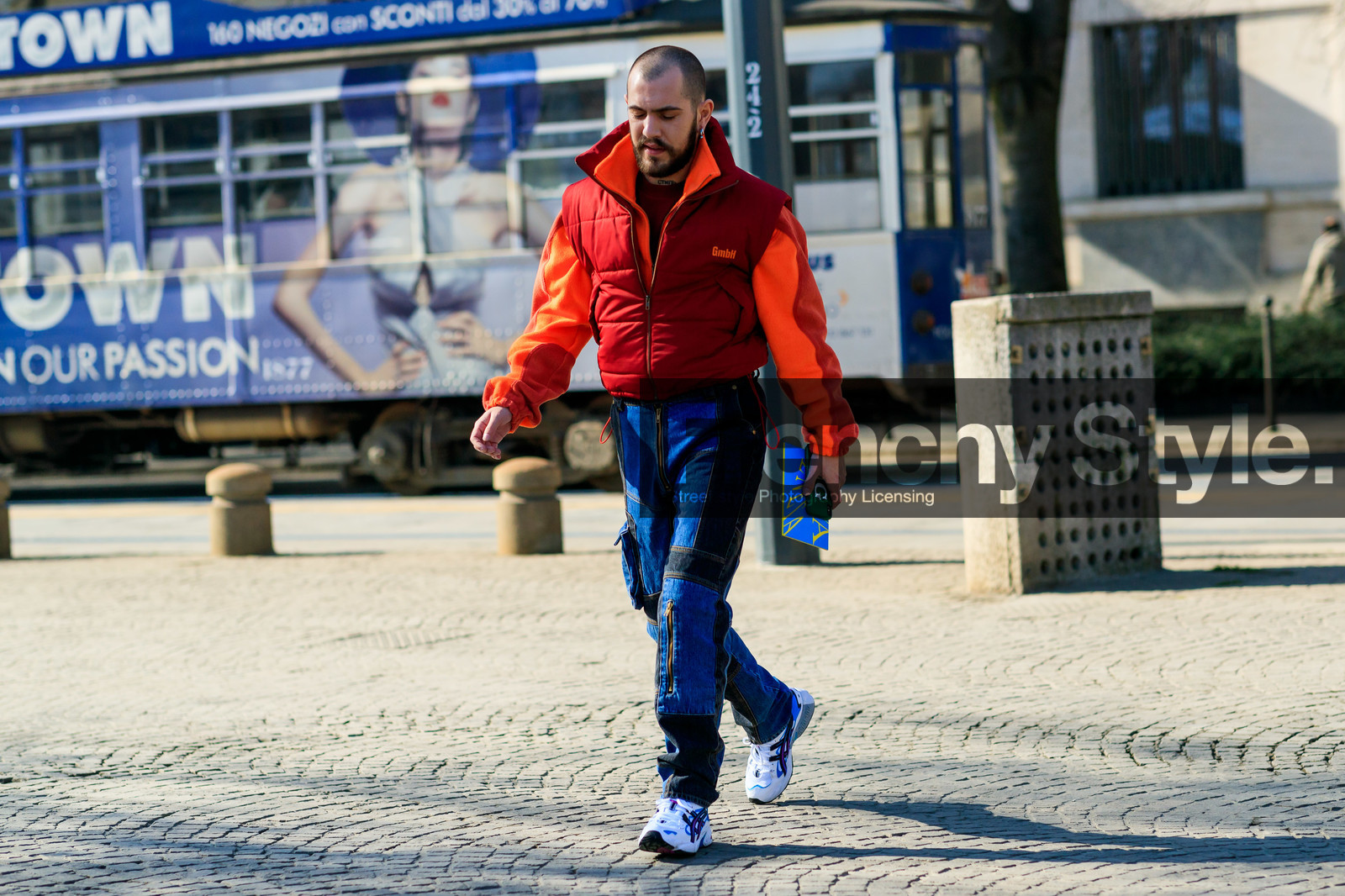 gmbh, leather shoes, orange sweater, red jacket, sleeveless, trousers, white shoes, MILAN, MFW, fashion week, frenchystyle, FW, jonathan paciullo, street style, AUTUMN WINTER 2019-2020, AW 19-20, FALL WINTER 2019-2020, FW 19-20, atmosphere details, full length, horizontal