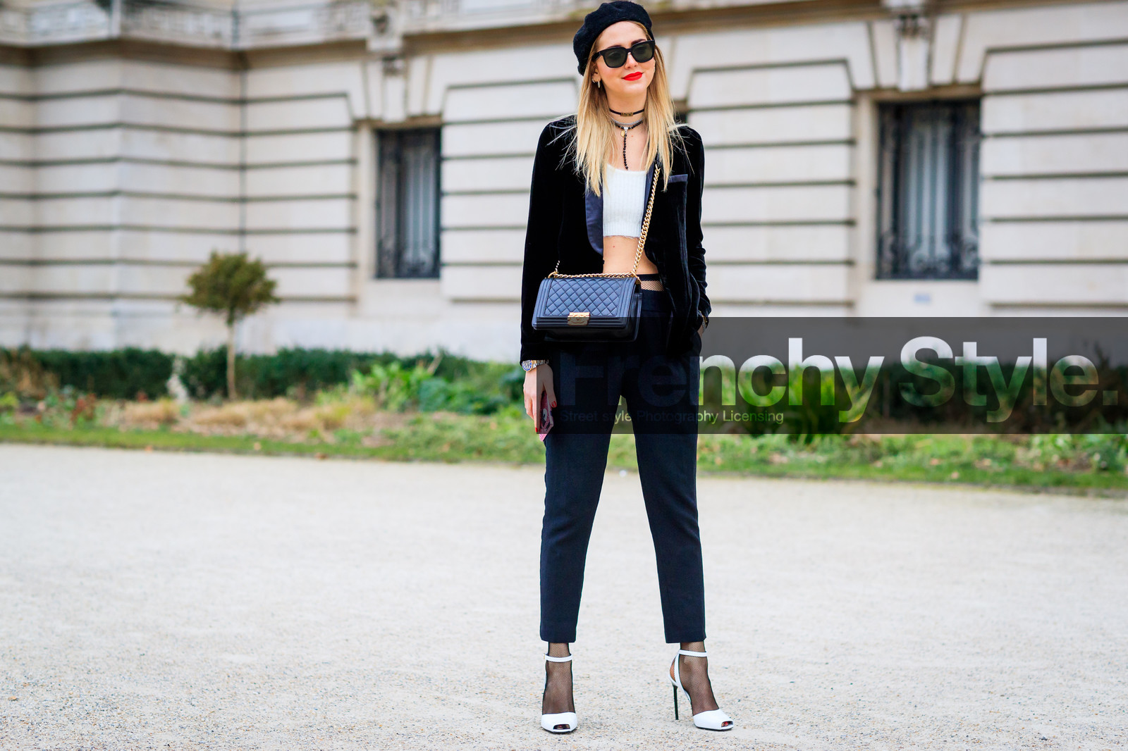 black bag, black cap, black jacket, black pants, blazer, boy bag, chanel, choker, crop top, high heels, leather bag, leather shoes, necklace, sunglasses, trousers, velvet, white shoes, white top, fashion week, frenchystyle, FW, jonathan paciullo, street style, PFW, PARIS, SPRING SUMMER 2017, SS 17, HAUTE COUTURE, atmosphere details, full length, horizontal, chiara ferragni