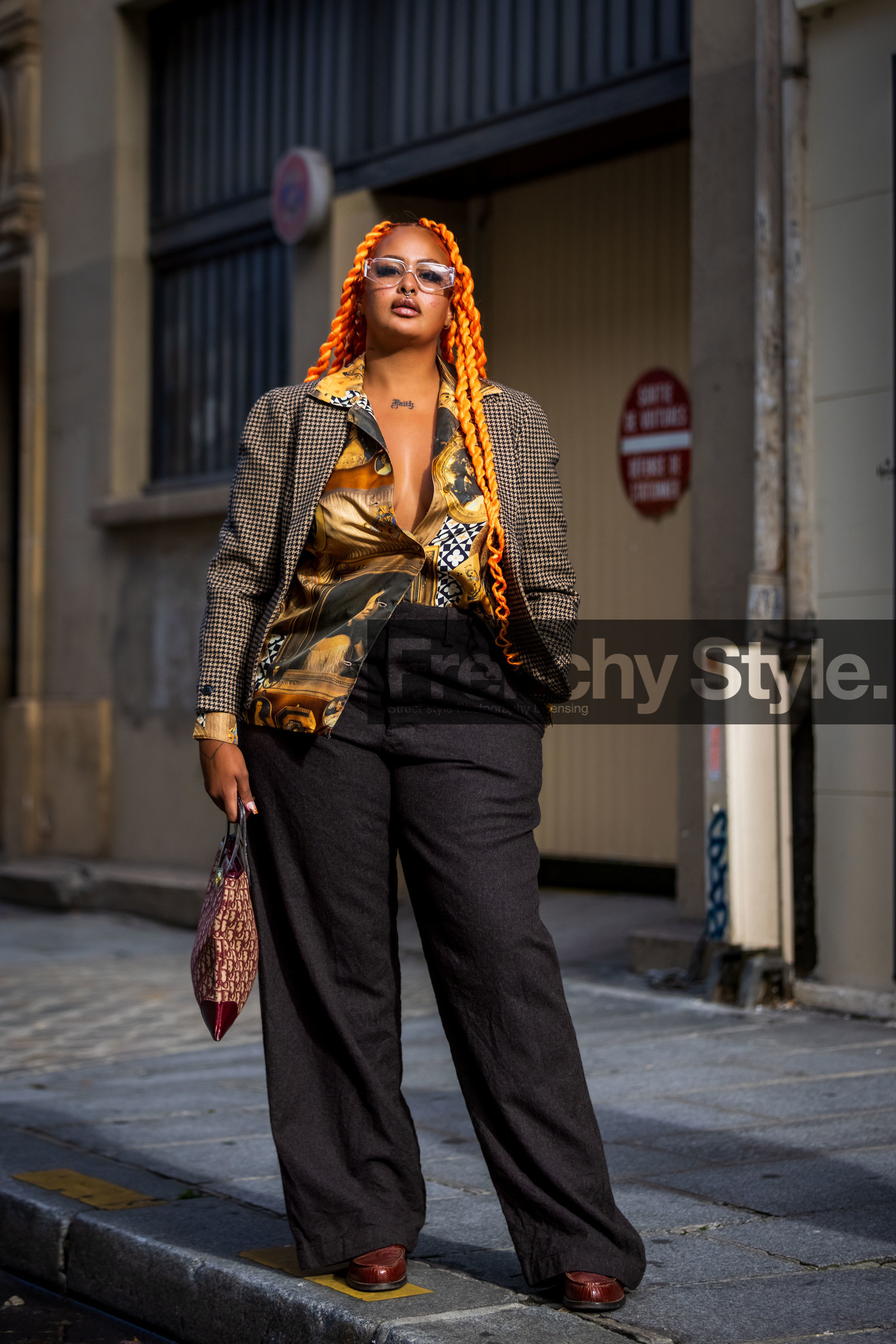 bag, blazer, brown blazer, brown pants, brown shirt, dior bag, flare pants, glasses, hairstyle, houndstooth print, logo bag, orange hair, pants, print, printed shirt, wool pants, yellow shirt, street style, jonathan paciullo, FW, frenchystyle, fashion week, PFW, PARIS, SPRING SUMMER 2022, SS 22, vertical, full length