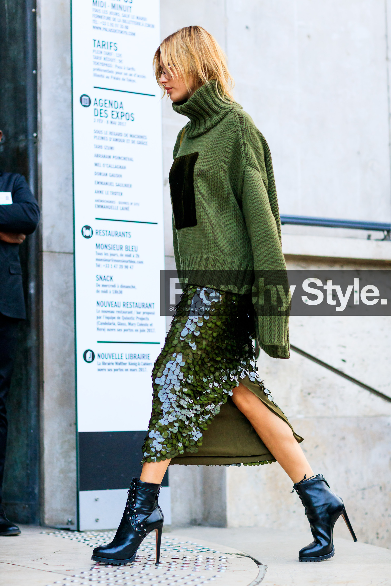 AUTUMN WINTER 2017-2018, AW 17-18, balw, black shoes, FALL WINTER 2017-2018, fashion week, frenchystyle, full length, FW, FW 17-18, glitter, green skirt, green sweater, hailey baldwin, high heels, jonathan paciullo, leather shoes, PARIS, PFW, sequined skirt, street style, vertical