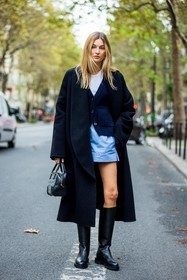 bag, black bag, black boots, black cardigan, black coat, blue short, boots, Camille Charrière, cardigan, coat, leather boots, loewe bag, printed bag, short, white t-shirt, street style, jonathan paciullo, FW, frenchystyle, fashion week, PFW, PARIS, SPRING SUMMER 2022, SS 22, vertical, full length