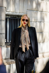black blazer, black pants, black suit, blazer, pants, pleated pants, red stripes, redlips, shirt, striped shirt, stripes, suit, sunglasses, tie shirt, white shirt, street style, jonathan paciullo, FW, frenchystyle, fashion week, PFW, PARIS, SPRING SUMMER 2022, SS 22, vertical, atmosphere details