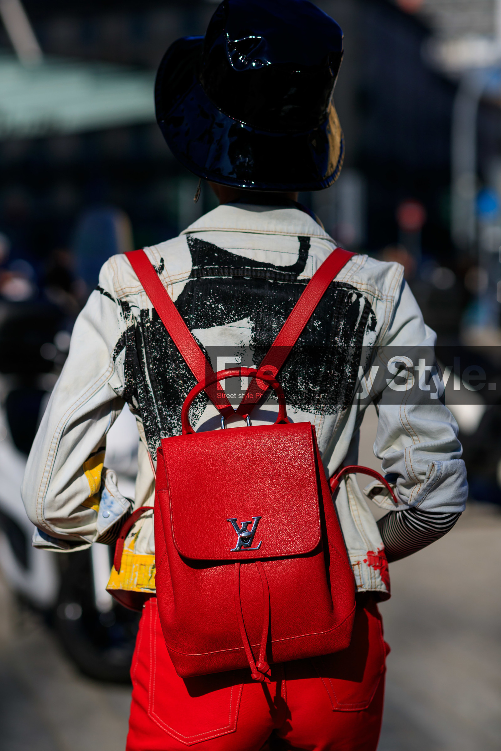 backpack, black hat, bucket hat, denim jacket, denim pants, graphic jacket, jeans, leather bag, louis vuitton, printed jacket, red bag, red denim, trousers, white denim, MILAN, MFW, fashion week, frenchystyle, FW, jonathan paciullo, street style, AUTUMN WINTER 2019-2020, AW 19-20, FALL WINTER 2019-2020, FW 19-20, vertical, atmosphere details, detail