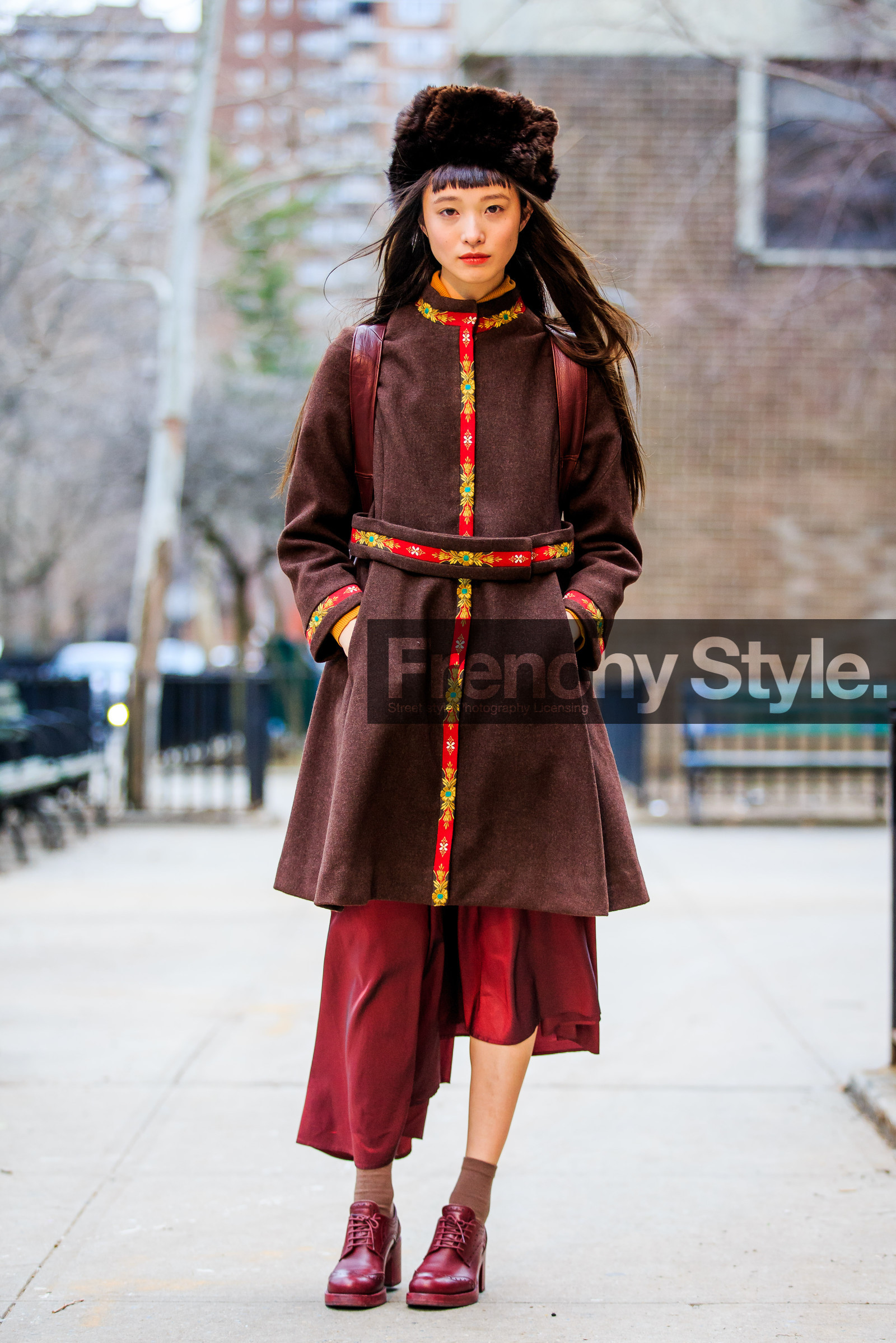 AUTUMN WINTER 2016-2017, AW 16-17, brown coat, chapka, embroidered coat, embroidered skirt, embroideries, fashion week, frenchystyle, full length, fur hat, FW, FW 16-17, jonathan paciullo, leather shoes, model, NEW YORK, NYFW, red shoes, red skirt, street style, vertical, woman, yuka mannami
