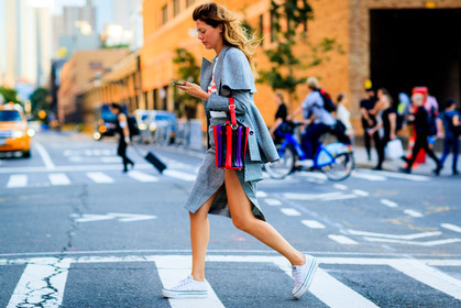 atmosphere details, checked jacket, checked skirt, fashion week, frenchystyle, full length, FW, grey jacket, grey skirt, horizontal, jonathan paciullo, leather bag, multicolor bag, NEW YORK, NYFW, plaid, sara battaglia, sarah battaglia, SPRING SUMMER 2018, SS 18, street style, white sneakers