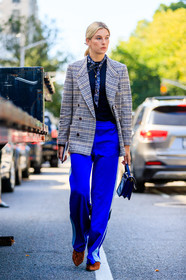 black sweater, blazer, blue bag, blue pants, brown jacket, brown shoes, camille charriere, checked jacket, fashion week, frenchystyle, full length, FW, graphic jacket, jonathan paciullo, leather bag, NEW YORK, NYFW, plaid, printed scarf, SPRING SUMMER 2018, SS 18, street style, suede bag, trousers, vertical