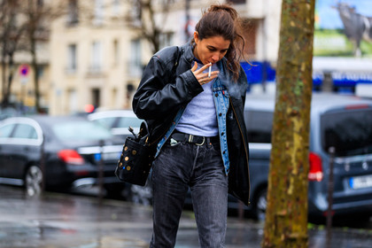 atmosphere details, AUTUMN WINTER 2017-2018, AW 17-18, black bag, black denim, black jacket, black perfecto, blue denim, denim jacket, denim pants, detail, embroidered bag, FALL WINTER 2017-2018, fashion week, frenchystyle, FW, FW 17-18, grey t shirt, horizontal, jeans, jonathan paciullo, leather bag, leather jacket, leather perfecto, PARIS, PFW, street style, studs, trousers