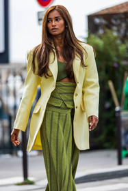 blazer, color, green bra, green crop top, green pants, hight waist pants, large pants, lines, Nidhi Sunil, pants, print, printed pants, ribbed bra, ribbed crop top, striped pants, stripes, yellow blazer, fashion week, frenchystyle, FW, jonathan paciullo, street style, PFW, PARIS, SPRING SUMMER 2022, SS 22, vertical, atmosphere details