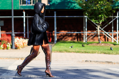 atmosphere details, black dress, black jacket, detail, fashion week, frenchystyle, FW, high boots, high heels, hood, horizontal, jonathan paciullo, leather jacket, NEW YORK, NYFW, see through, shearling, SPRING SUMMER 2017, SS 17, street style, transparent, woman