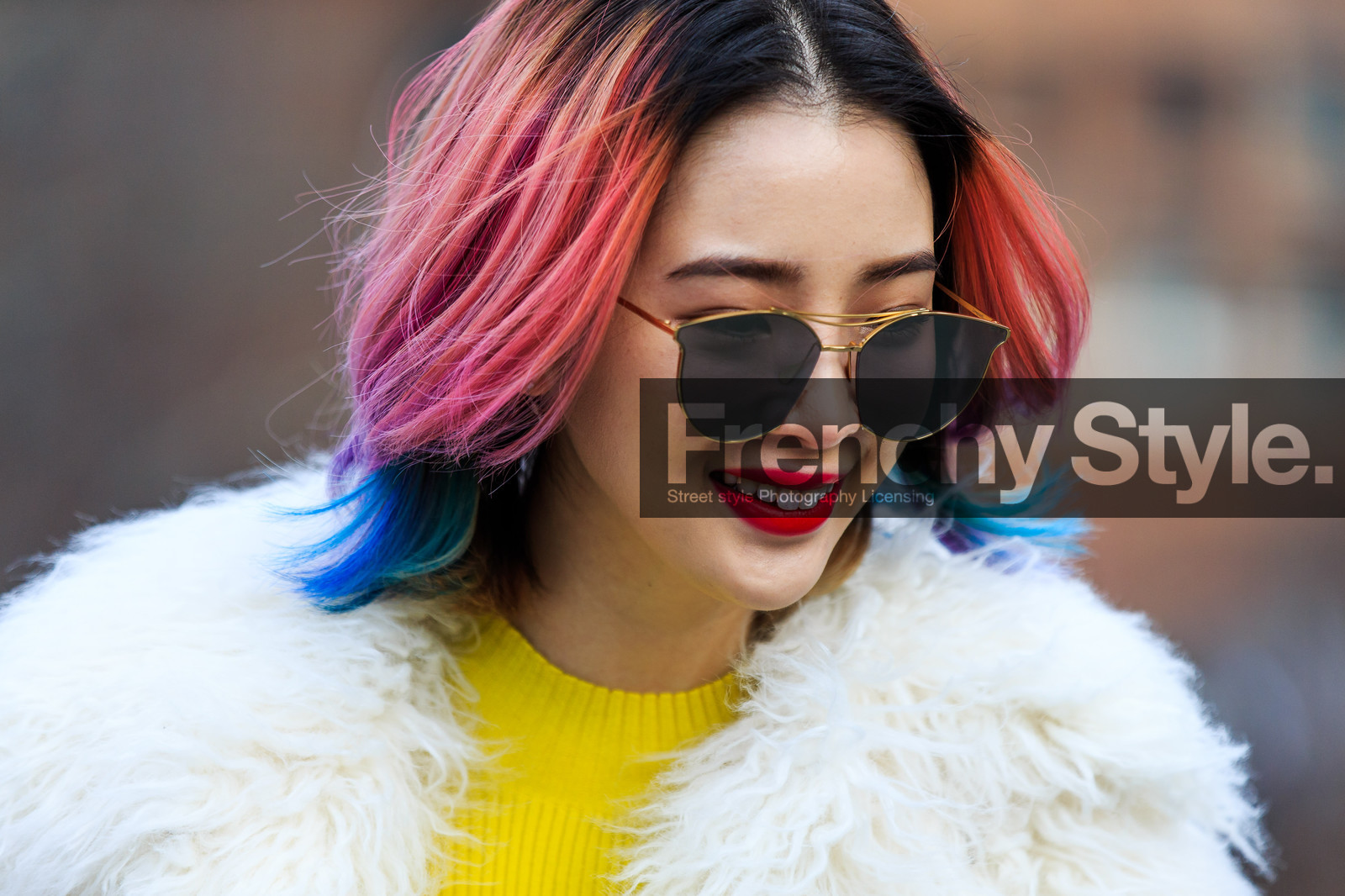 atmosphere details, AUTUMN WINTER 2016-2017, AW 16-17, detail, dyed hair, FALL WINTER 2016-2017, fashion week, frenchystyle, fur coat, FW, FW 16-17, horizontal, irene kim, jonathan paciullo, NEW YORK, NYFW, pink hair, street style, sunglasses, white fur, woman, yellow sweater