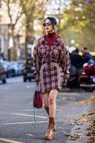 black sunglasses, boots, brown boots, dress, lurex turtleneck, Meng Mao, printed dress, red bag, red dress, red turtleneck, shirt dress, stella mccartney bag, sunglasses, tartan dress, turtleneck, fashion week, frenchystyle, FW, jonathan paciullo, street style, PFW, PARIS, SPRING SUMMER 2022, SS 22, vertical, full length