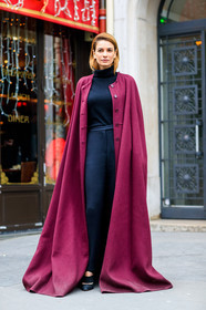 black pants, black shoes, black turtleneck, bordeaux, burgundy, cape, leather shoes, long coat, trousers, fashion week, frenchystyle, FW, jonathan paciullo, street style, PFW, PARIS, SPRING SUMMER 2017, SS 17, HAUTE COUTURE, vertical, full length, leila yavari
