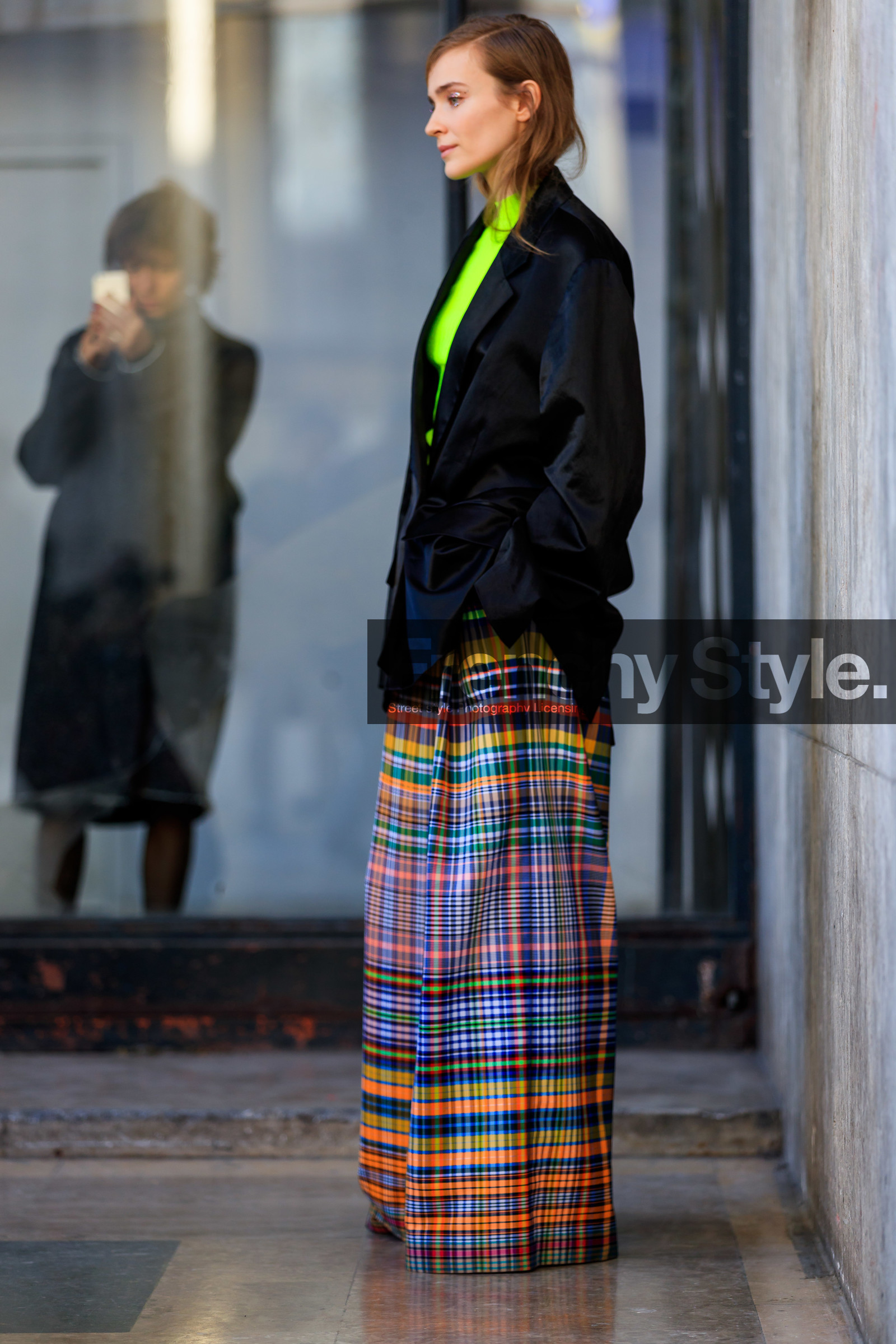 black jacket, black shoes, blazer, checked, geometric, graphic skirt, green sweater, leather bag, leather shoes, model, multicolor pants, neon, plaid, printed skirt, striped pants, wide pants, PARIS, PFW, street style, jonathan paciullo, FW, frenchystyle, fashion week, AUTUMN WINTER 2019-2020, AW 19-20, FALL WINTER 2019-2020, FW 19-20, vertical, full length
