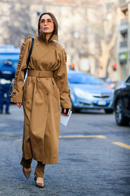 beige coat, belted coat, geraldine boublil, leather shoes, ruffles, sunglasses, trench coat, street style, jonathan paciullo, FW, frenchystyle, fashion week, MFW, MILAN, AUTUMN WINTER 2019-2020, AW 19-20, FALL WINTER 2019-2020, FW 19-20, vertical, full length