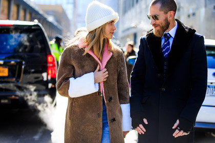 atmosphere details, AUTUMN WINTER 2016-2017, AW 16-17, black coat, black fur, blue tie, brown, brown coat, brown fur, detail, fashion week, frenchystyle, fur coat, fur collar, FW, FW 16-17, graphic, graphic clutch, group of people, horizontal, jonathan paciullo, justin o'shea, man, NEW YORK, NYFW, patchwork, pernille teisbaek, pink, red, rings, street style, sunglasses, white beanie, woman