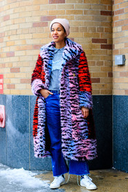 adidas, AUTUMN WINTER 2017-2018, AW 17-18, blue denim, blue shirt, checked shirt, denim pants, FALL WINTER 2017-2018, fashion week, frenchystyle, full length, Fur coat, FW, FW 17-18, jeans, jonathan paciullo, leather sneakers, long coat, NEW YORK, NYFW, pink beanie, pink fur, plaid, printed coat, printed shirt, red fur, stan smith, street style, tamu mcpherson, trousers, vertical, white sneakers, zebra