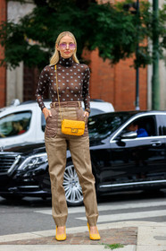 leonie hanne, fendi bag, fendi baguette bag, fendi jacket, fendi look, fendi pants, fendi top, fendi sunglasses, fendi shoes, black top, turtleneck top, sheer top, monogrammed top, beige pants, yellow bag, yellow leather bag, monogrammed bag, chain strap bag, crossbody bag, big sunglasses, strassed sunglasses, yellow shoes, street style, jonathan paciullo, FW, frenchystyle, fashion week, MFW, MILAN, SPRING SUMMER 2020, SS 20