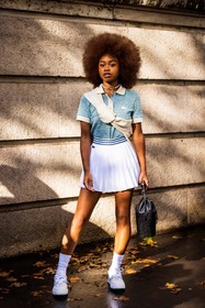 bag, black bag, check, checked polo, choker, green polo, Kayliah Balou, lacoste look, mini skirt, pearl necklace, pleated skirt, polo, print, printed polo, skirt, sneakers, socks, tennis look, white skirt, white sneakers, white socks, lacoste, fashion week, frenchystyle, FW, jonathan paciullo, street style, PFW, PARIS, SPRING SUMMER 2022, SS 22, vertical, atmosphere details