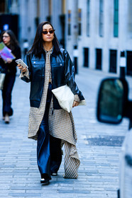 black jacket, black pants, black shoes, brown dress, brown shirt, checked, graphic dress, leather bag, leather pants, leather shoes, plaid, printed dress, shirt dress, sunglasses, trousers, white bag, fashion week, frenchystyle, FW, jonathan paciullo, street style, LFW, LONDON, AUTUMN WINTER 2019-2020, AW 19-20, FW 19-20, FALL WINTER 2019-2020, vertical, full length