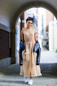 black jacket, black perfecto, blazer, fashion week, frenchystyle, full length, FW, jonathan paciullo, leather jacket, leather perfecto, leather shoes, LFW, LONDON, nude dress, off the shoulder, see through, selah marley, SPRING SUMMER 2018, SS 18, street style, vertical, white sneakers