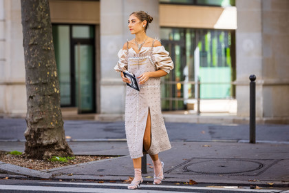 beige dress, clutch, dress, Jenny M Walton, necklace, off-shoulder dress, pink socks, sandals, silver sandals, socks, statement dress, strass, studs, white clutch, fashion week, frenchystyle, FW, jonathan paciullo, street style, PFW, PARIS, SPRING SUMMER 2022, SS 22, horizontal, atmosphere details, full length