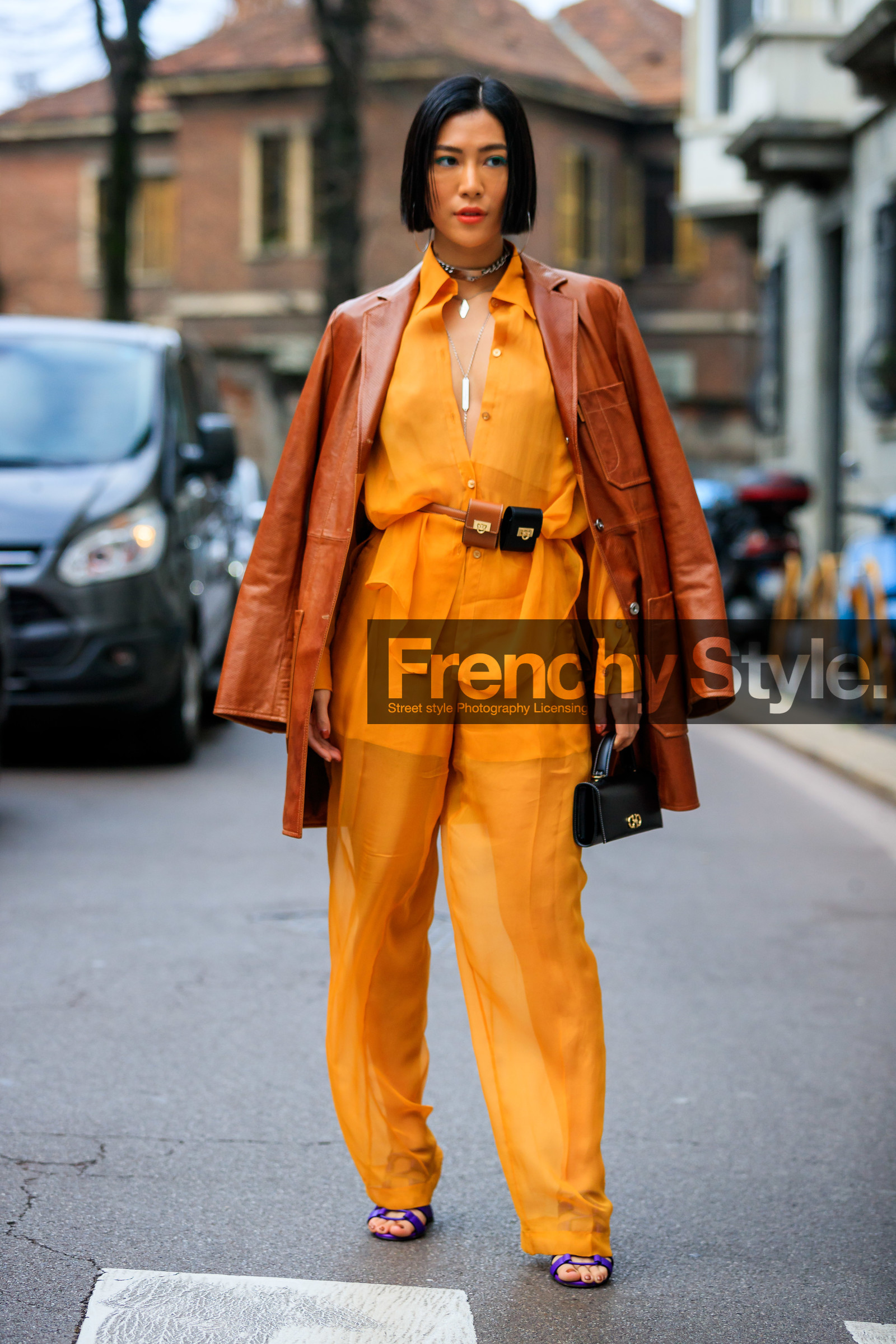 black bag, camel jacket, choker, fanny pack, leather bag, leather jacket, mini bag, necklace, over the shoulder, trousers, yellow pants, yellow shirt, MILAN, MFW, fashion week, frenchystyle, FW, jonathan paciullo, street style, AUTUMN WINTER 2019-2020, AW 19-20, FALL WINTER 2019-2020, FW 19-20, vertical, full length