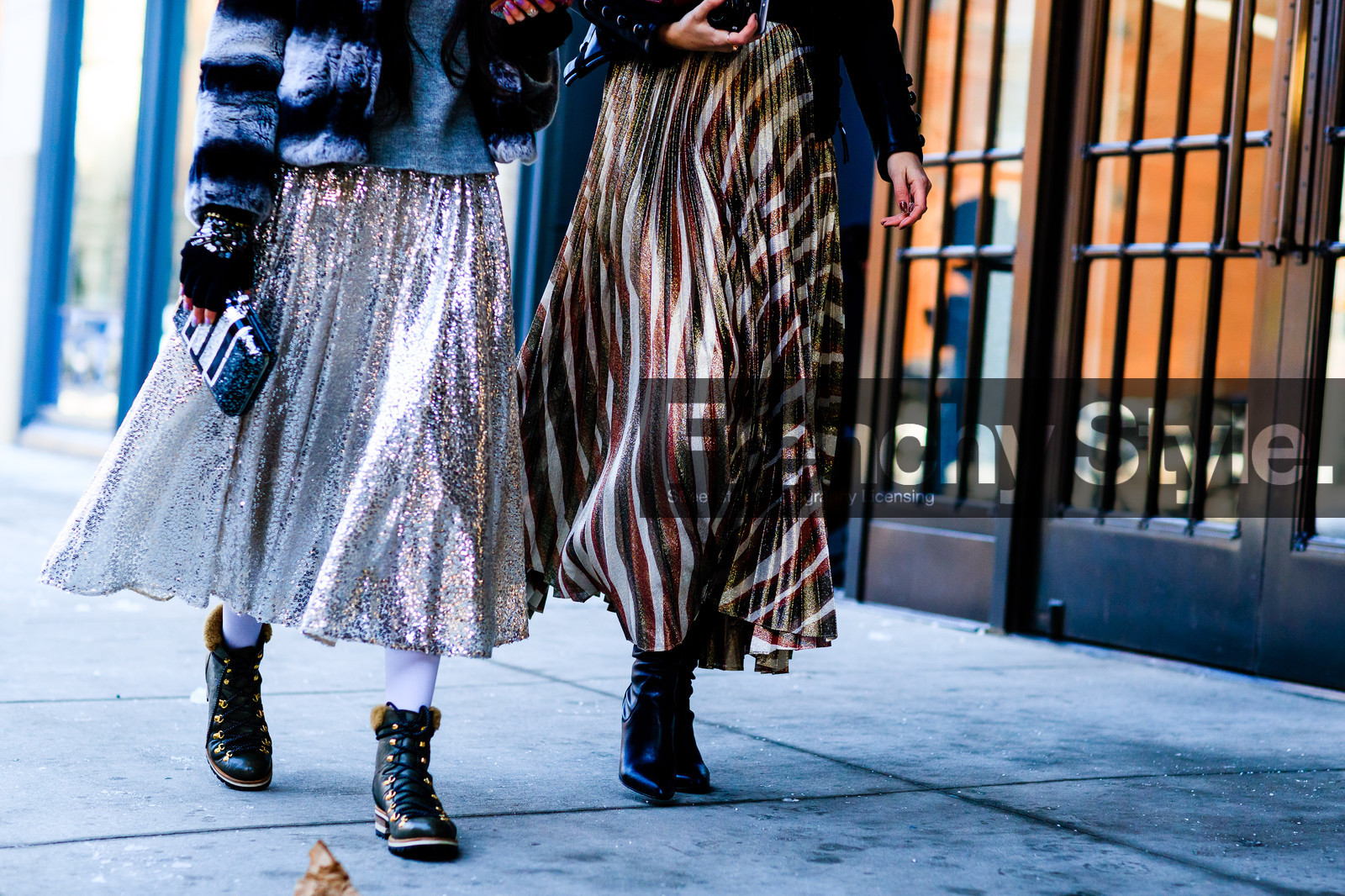 atmosphere details, AUTUMN WINTER 2017-2018, AW 17-18, black boots, bronze, detail, FALL WINTER 2017-2018, fashion week, frenchystyle, fur jacket, FW, FW 17-18, glitter, grey fur, horizontal, jonathan paciullo, leather bag, leather boots, NEW YORK, NYFW, pleated skirt, shiny bag, shiny skirt, silver skirt, street style, stripes