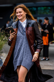 black coat, brown coat, coat, dress, Eugénie Trochu, grey dress, knitted dress, leather coat, long coat, patchwork coat, smartphone, twisted knitwear, fashion week, frenchystyle, FW, jonathan paciullo, street style, PFW, PARIS, SPRING SUMMER 2022, SS 22, vertical, atmosphere details