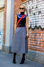 black shoes, black sweater, fashion week, frenchystyle, full length, FW, grey skirt, high heels, jonathan paciullo, leather shoes, MFW, MILAN, red bag, SPRING SUMMER 2018, SS 18, street style, sunglasses, turtleneck sweater, vertical