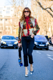 AUTUMN WINTER 2017-2018, AW 17-18, black and white shoes, black denim, blue bag, blue denim, denim pants, ece sukan, FALL WINTER 2017-2018, fashion week, frenchystyle, full length, FW, FW 17-18, high heels, jeans, jonathan paciullo, leather bag, leather shoes, miu miu, natural fur, PARIS, PFW, prada, printed jacket, red jacket, street style, sunglasses, trousers, vertical