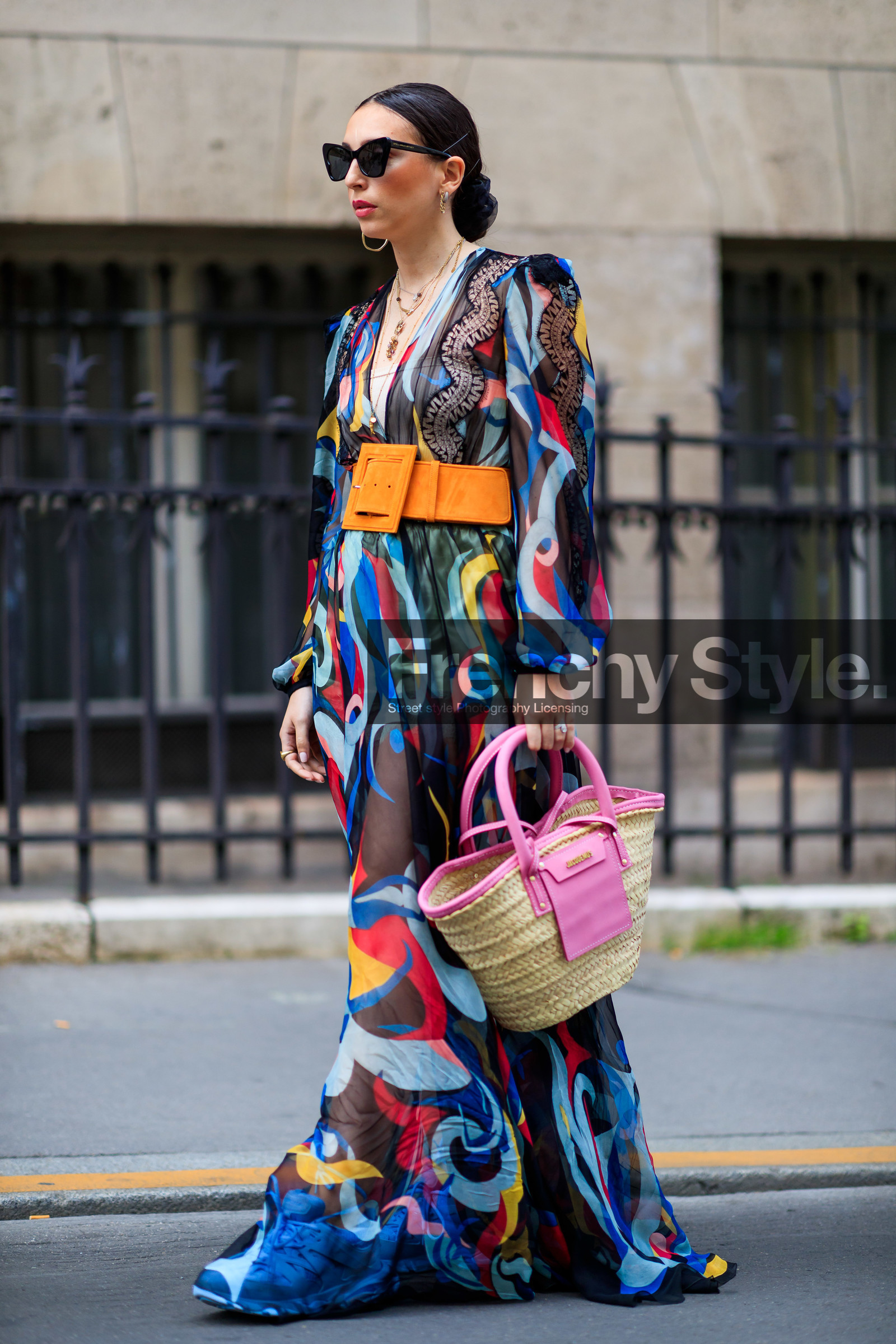 stella mccartney sunglasses, eyecat sunglasses, butterfly sunglasses, black sunglasses, black dress, multicolor dress, long dress, lace dress, long sleeves dress, silk dress, low necked dress, belted dress, big belt, suede belt, orange belt, orange suede belt, pink leather bag, jacquemus bag, basket bag, hand bag, sheer dress, printed dress, golden necklace, long necklace, multi necklace, stone necklace, hoop earrings, golden earrings, fashion week, frenchystyle, FW, jonathan paciullo, street style, PFW, PARIS, AUTUMN WINTER 2021-2022, FALL WINTER 2021-2022, FW 21-22, vertical, full length