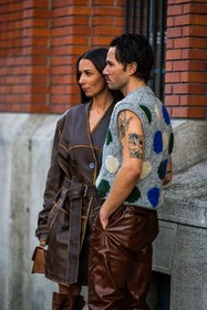 acne studios look, Alice Barbier, belted jacket, brown jacket, brown pants, brown, dots, grey knitwear, jacket, Jean-Sebastien Roques, knitwear, leather jacket, leather pants, menswear, pants, plateform, print, printed knitwear, sleveless knitwear, street style, jonathan paciullo, FW, frenchystyle, fashion week, PFW, PARIS, SPRING SUMMER 2022, SS 22, vertical, atmosphere details