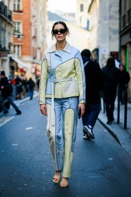 black sunglasses, multicolot suit, leather suit, freckles, dual toned jacket, dual toned pants, green pistachio pants, green pistachio jacket, pastel blue jacket, pastel blue pants, patched suit, nude sandals, maeva giani marshall, fashion week, frenchystyle, FW, jonathan paciullo, street style, AUTUMN WINTER 2022-2023, FALL WINTER 2022_2023, FW 22-23, PFW, PARIS, vertical, full length