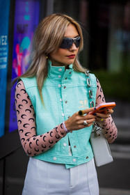 bag, blue jacket, chain bag, color, courreges jacket, jacket, leather jacket, marine serre top, mask sunglasses, mint jacket, nude top, pants, printed top, sleveless jacket, sunglasses, top, white bag, white pants, street style, jonathan paciullo, FW, frenchystyle, fashion week, PFW, PARIS, SPRING SUMMER 2022, SS 22, vertical, atmosphere details