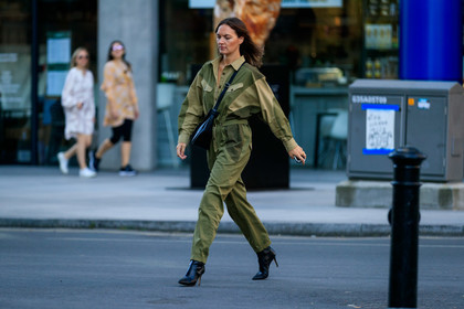 military jumpsuit, crossbody bag, black leather bag, black leather boots, fashion week, frenchystyle, FW, jonathan paciullo, street style, atmosphere details, horizontal, full length