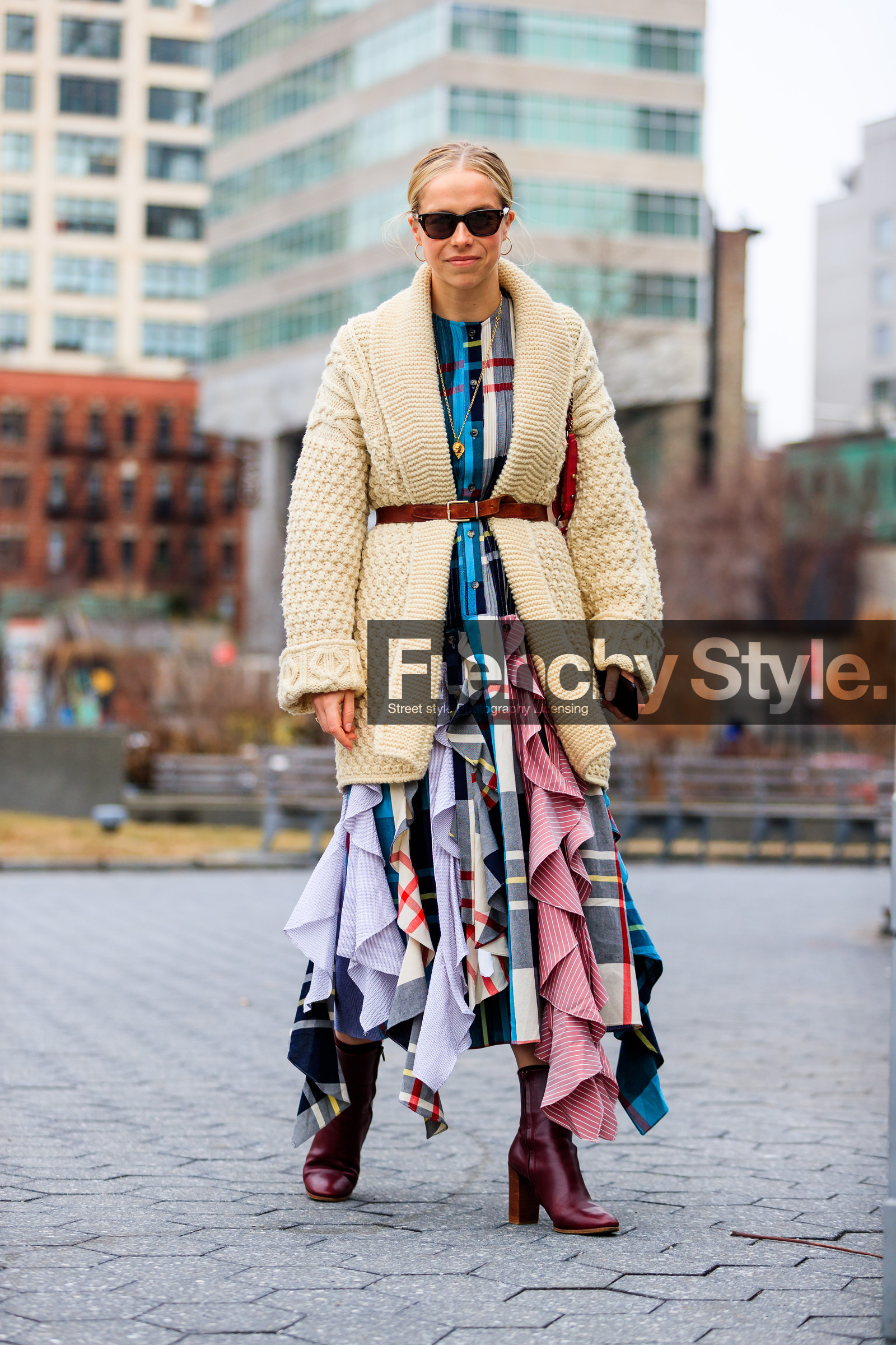 beige cardigan, brown belt, checked, graphic dress, high heels, leather belt, leather shoes, multicolor dress, plaid, printed dress, red boots, tartan, street style, jonathan paciullo, FW, frenchystyle, fashion week, NYFW, NEW YORK, AUTUMN WINTER 2018-2019, AW 18-19, FALL WINTER 2018-2019, FW 18-19, vertical, full length, chloe king