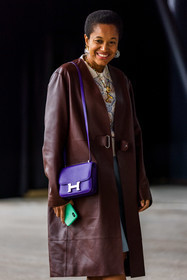 bag, beige polo, burgundy coat, coat, flower, gold necklace, hermes bag, initial necklace, leather coat, necklace, polo, printed polo, purple bag, Tamu McPherson, PARIS, PFW, fashion week, frenchystyle, FW, jonathan paciullo, street style, SPRING SUMMER 2022, SS 22, vertical, atmosphere details