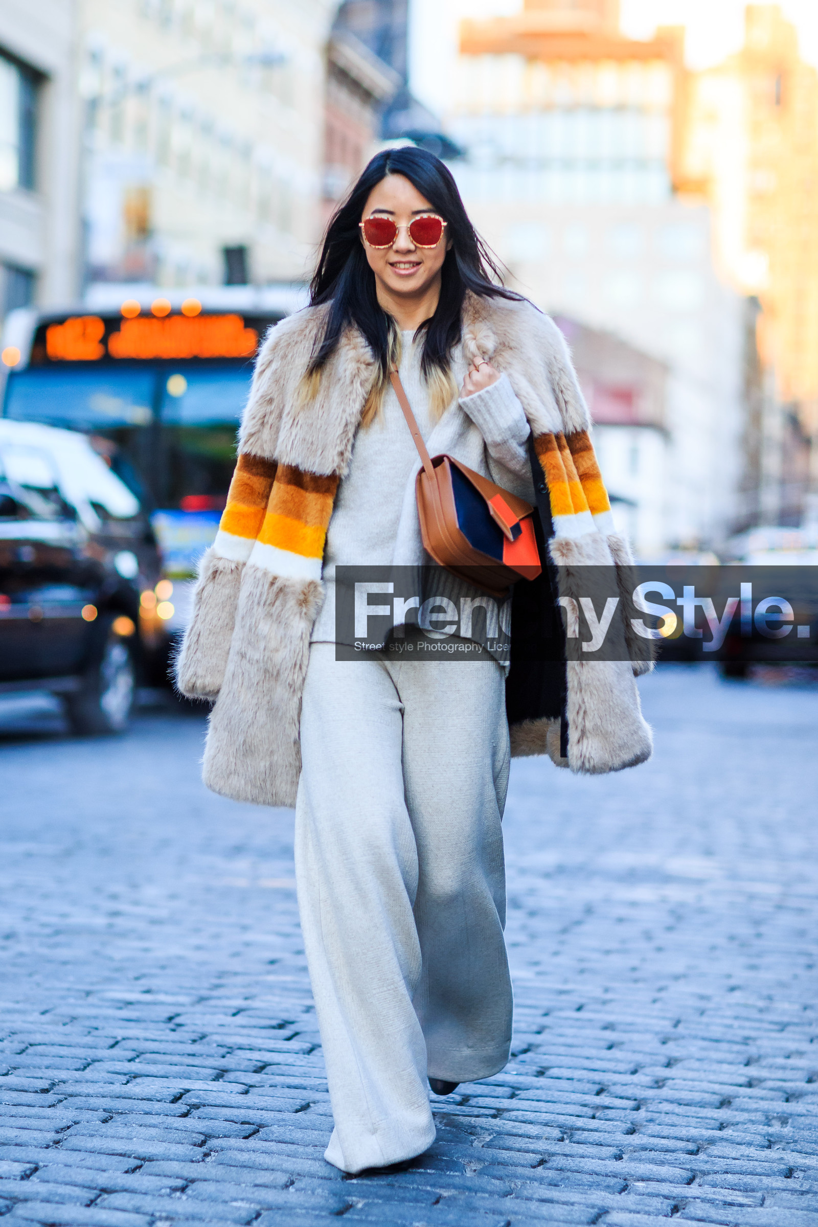 AUTUMN WINTER 2016-2017, AW 16-17, beige, beige fur, beige pants, beige sweater, brown, camel, camel bag, fashion week, frenchystyle, full length, fur coat, fur jacket, FW, FW 16-17, iphone, jonathan paciullo, leather bag, natural, NEW YORK, NYFW, orange, orange bag, street style, striped jacket, stripes, sunglasses, tone on tone, total look beige, total look white, trousers, vertical, white fur, wide pants, woman, yellow, yuwei zhangzou