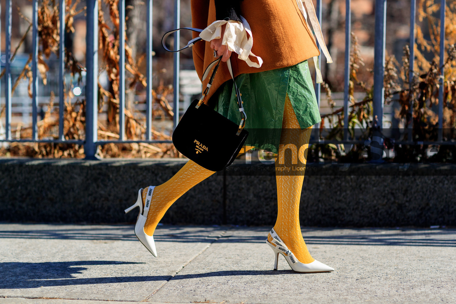 black bag, christian dior, green dress, high heels, leather bag, leather dress, leather shoes, orange coat, prada, thights, varnished leather shoes, white shoes, street style, jonathan paciullo, FW, frenchystyle, fashion week, NYFW, NEW YORK, AUTUMN WINTER 2018-2019, AW 18-19, FALL WINTER 2018-2019, FW 18-19, atmosphere details, horizontal, detail, thania peck